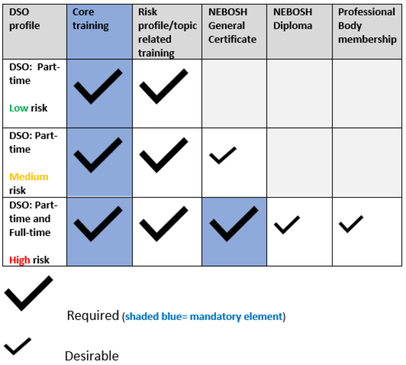 Table showing the training elements relevant to DSOs