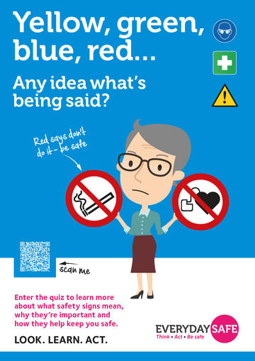 Safety signs poster with EveryDaySafe character holding up two prohibition safety signs: "Yellow, green, blue, red... Any idea what's being said?"